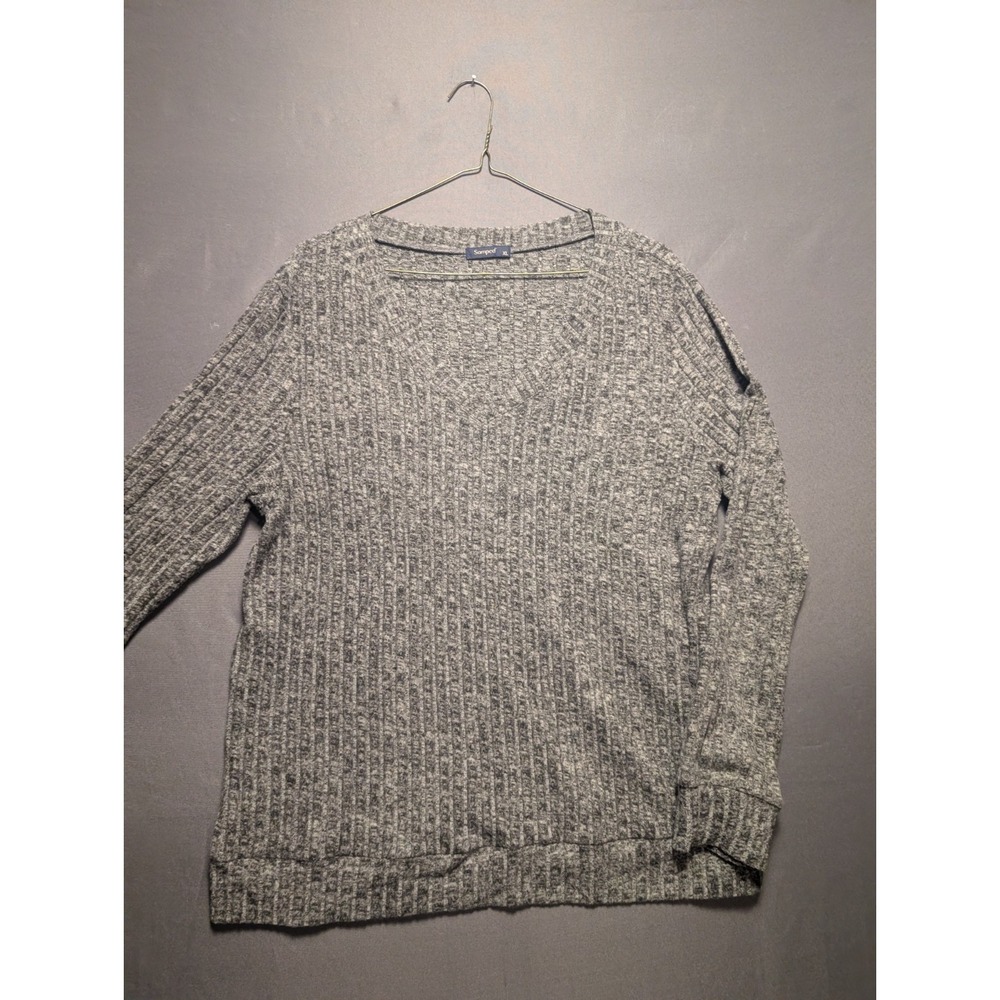 Sampeel Women Gray Ribbed Lightweight V Neck Long Sleeve Pullover Shirt XL